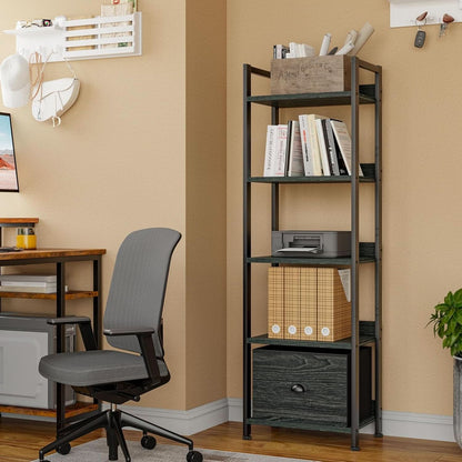 5 Tier Bookshelf With Drawer Black In Modern Rustic Style