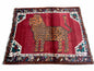 Antique Persian Gabbeh Wool Rug 4x5, Lion Pictorial Rug, Red Orange Black, Hand Knotted Handmade Vintage Gabbeh Carpet 4 x 5 ft, Tribal Rug