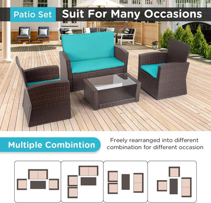 4 Piece Outdoor Patio Furniture Set Wicker Conversation