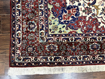 Wonderful Persian Isfahan Rug 7x9, Ivory Navy Blue Red, Floral Medallion, Very Finely Hand Knotted 260 KPSI, Handmade Wool Vintage Rug