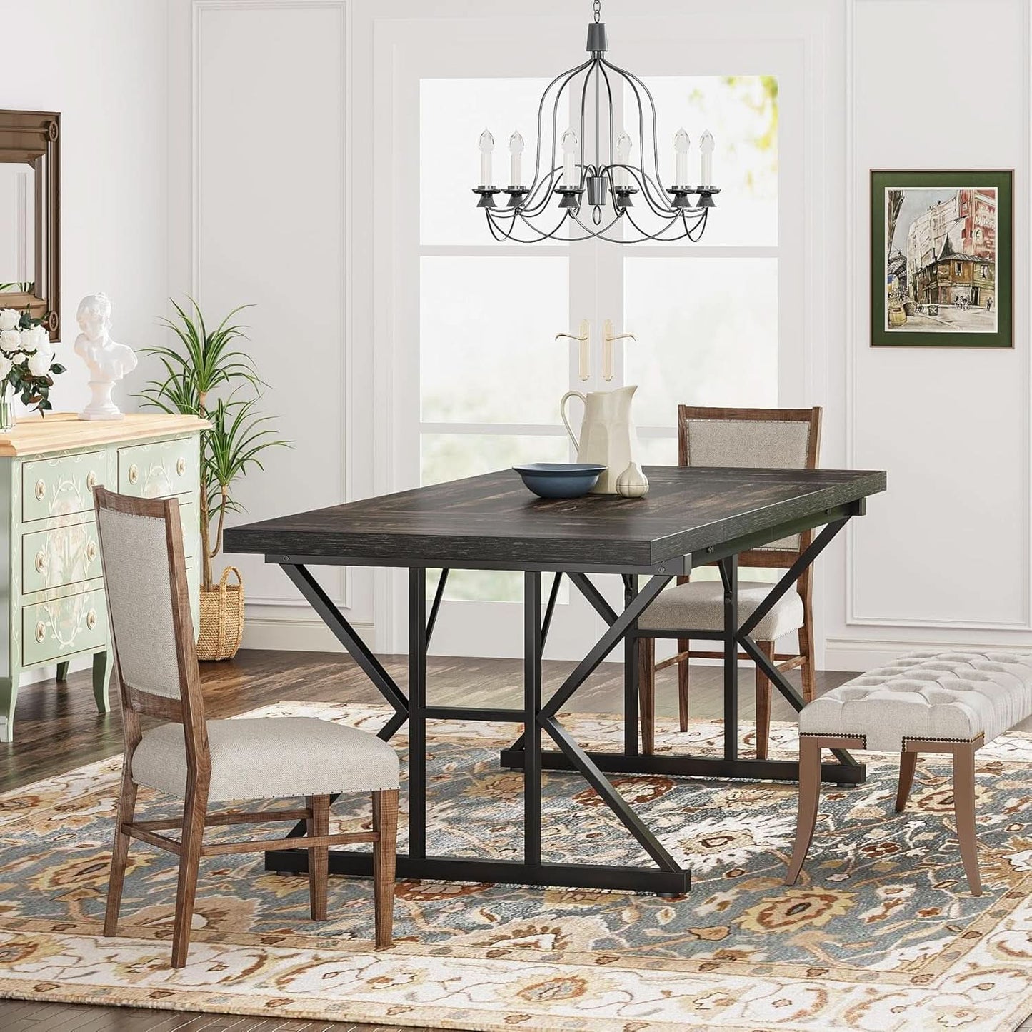 Farmhouse Dining Table 70.8 Inch Heavy Duty Metal Legs