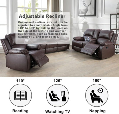 Brown 3 Piece Vegan Leather Recliner Sofa Set Cupholders