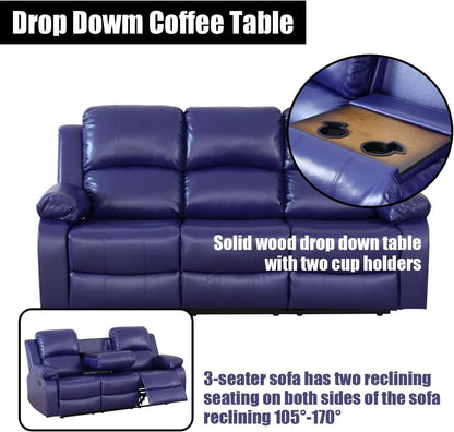Blue Leather Reclining Sofa Set With Drop Table And Storage