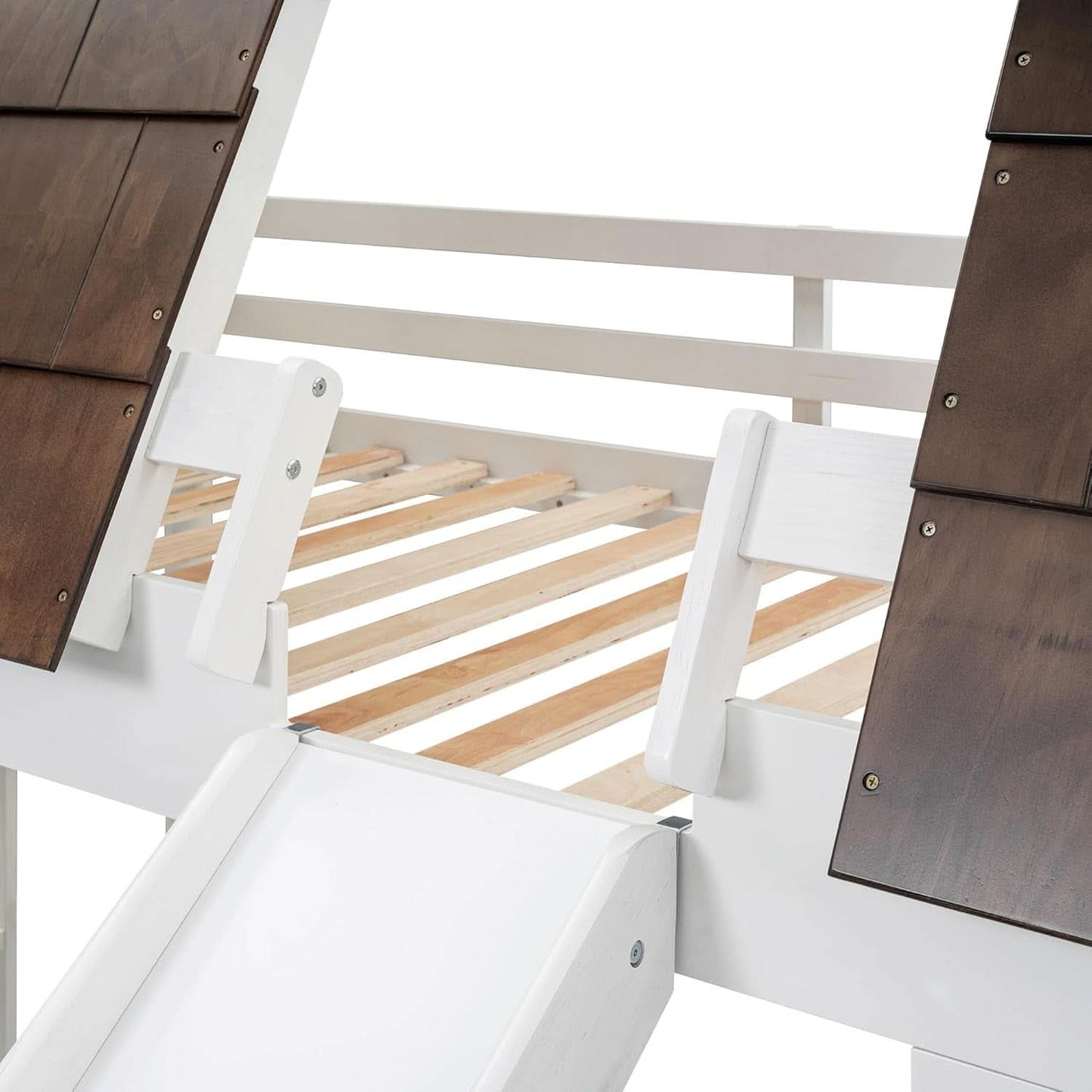 Twin Over Twin House Bunk Bed Frame White Brown With Roof