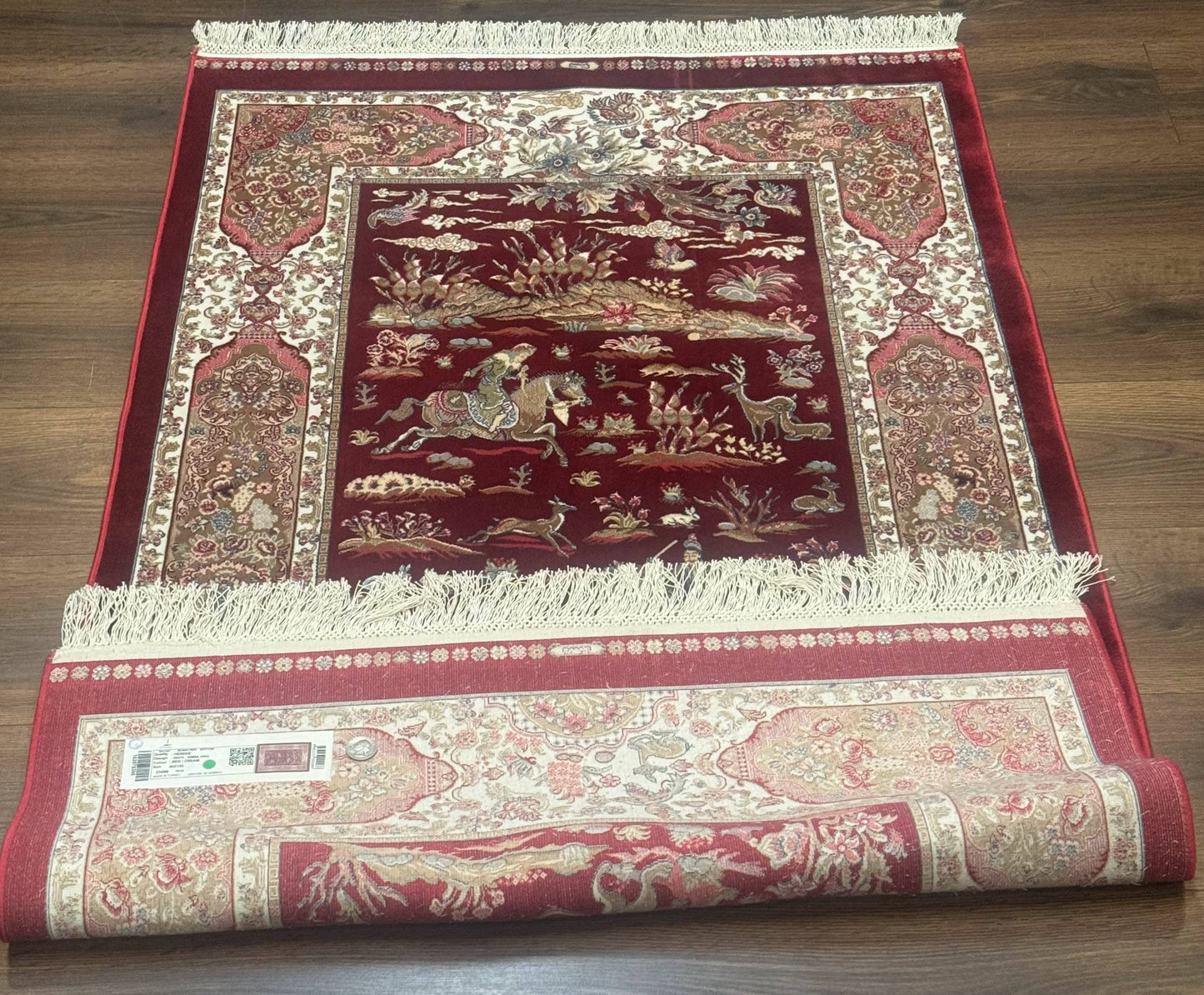 Turkish Silk Rug 3x5, Hunting Design, Dark Red & Ivory, Bamboo Silk, New