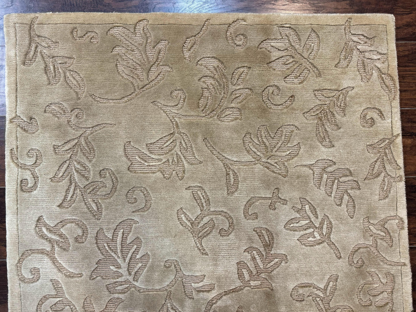 Modern Tibetan Rug 3.7 x 5.5, Carved Floral Design, Wool and Silk Highlights