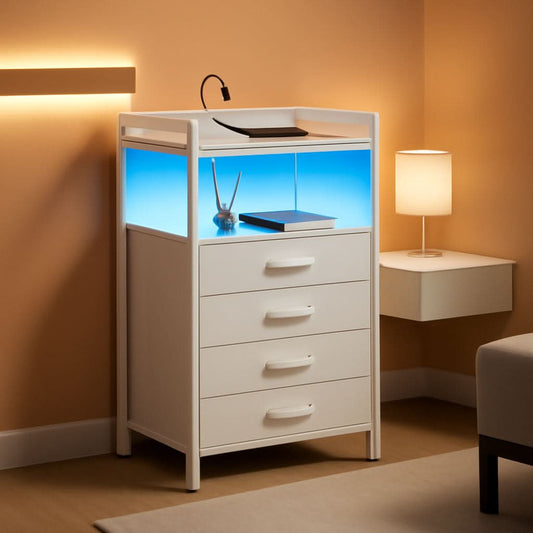 White Nightstand With Charging Station And RGB LED Lighting
