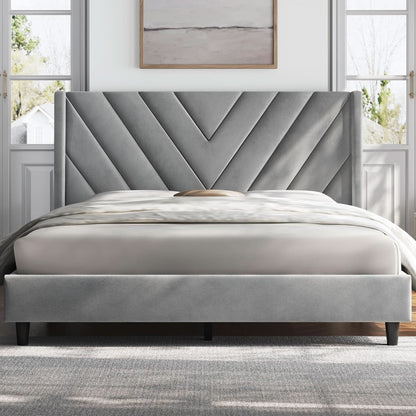 Queen Upholstered Bed Frame With Winged Tufted Headboard Light Gray