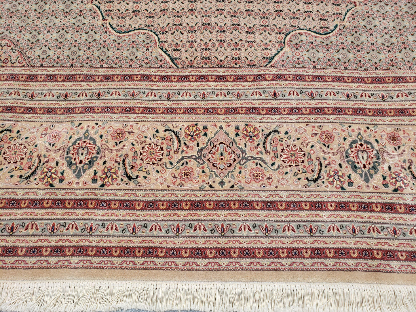 Stunning Oversized Sino Persian Oriental Rug 12x15, Hand Knotted Wool & Silk Palace Sized Carpet, Mahi Pattern, Very Fine, Peach Beige, Wow