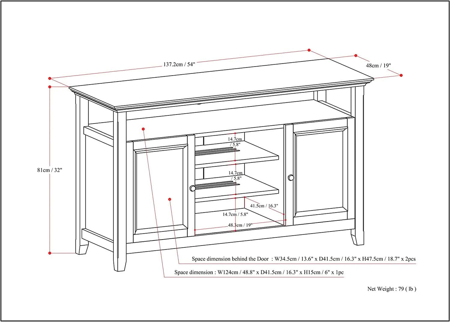 TV Media Stand 54 Inch Wide Golden Brown Cabinet Storage