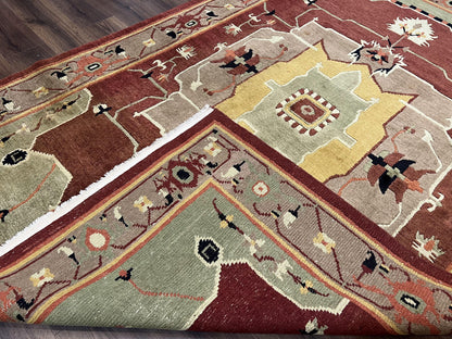 Tibetan Rug 7x10, Geometric Medallion, Red Green Taupe, Hand Knotted, Soft Wool Area Rug, Contemporary Carpet, Handmade Nepali Rug 7 x 10 ft