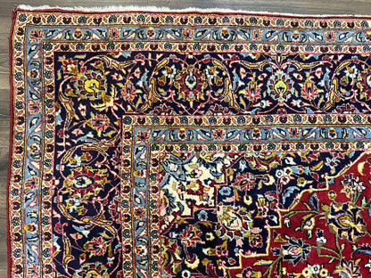 Persian Kashan Rug 9x12, Red Navy Blue, Allover Floral Medallion & Corner Design, Handmade Wool Oriental Carpet, Semi Antique Traditional Carpet