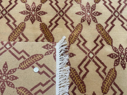 Tibetan Rug 8x10, Wool with Silk Highlights, Beige and Maroon, Contemporary Carpet