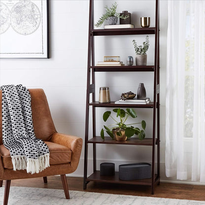 Ladder Bookshelf Organizer Espresso Rubberwood Frame 14 Inch Depth 70 Inch Tall