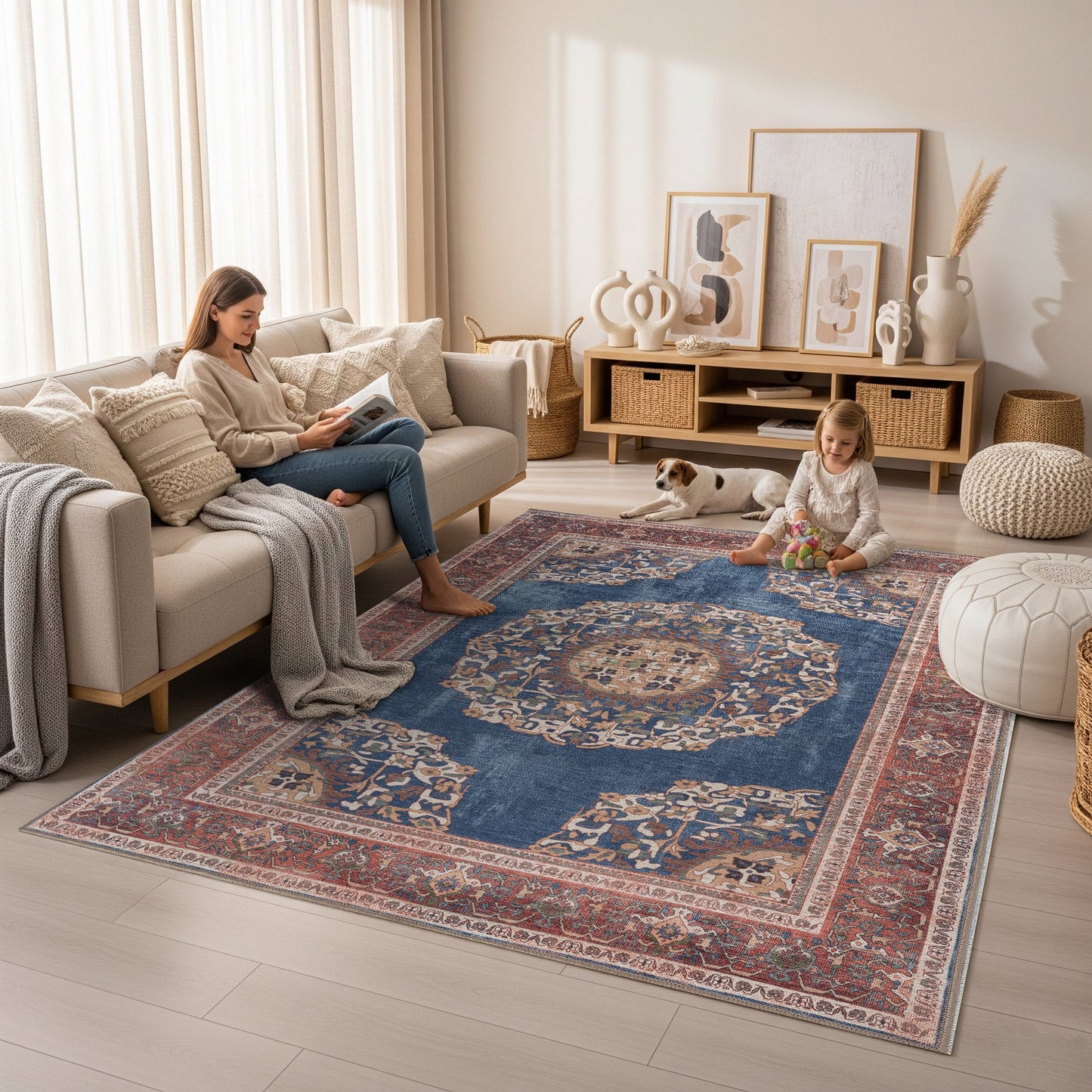 Navy Blue Brick Oushak Area Washable Rug