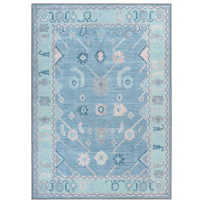 Teal Blue Oushak Area Washable Rug