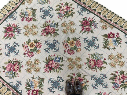 Hand-Knotted Needlepoint Carpet 6x9, Ivory/Cream Background, Colorful Flowers, Yellow Border, Aubusson Rug 6 x 9, New, Handmade