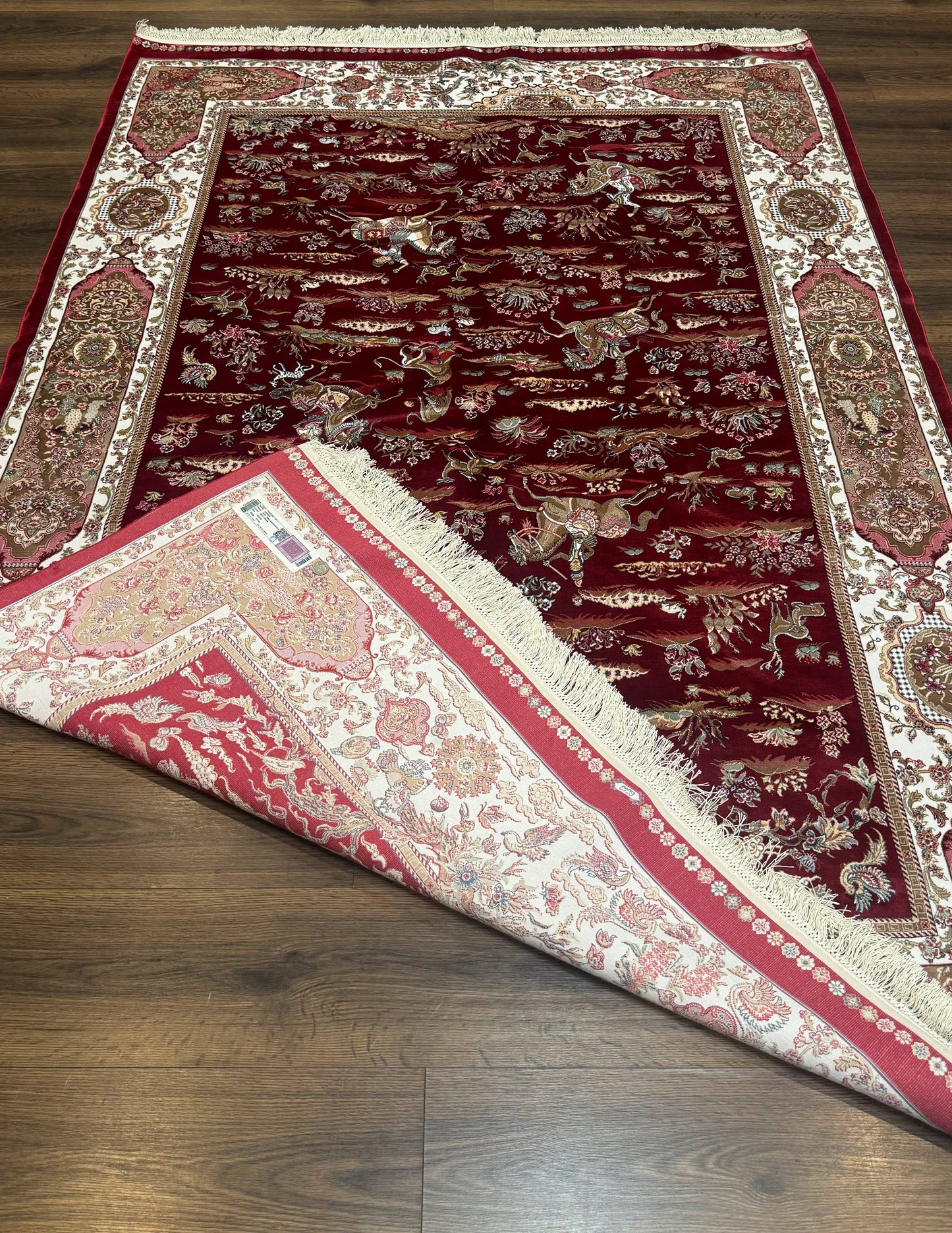 Turkish Silk Hunting Scene Rug 5 x 7.6, Red & Ivory, Bamboo Silk, New