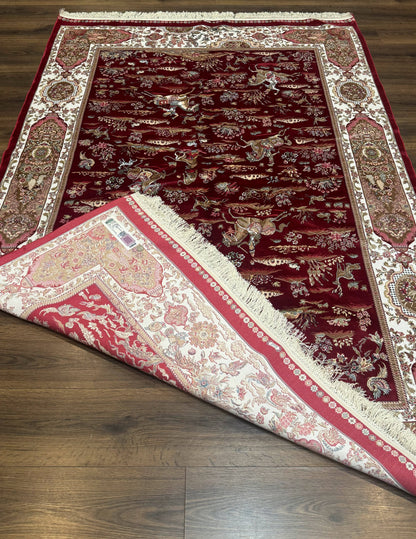 Turkish Silk Hunting Scene Rug 5 x 7.6, Red & Ivory, Bamboo Silk, New