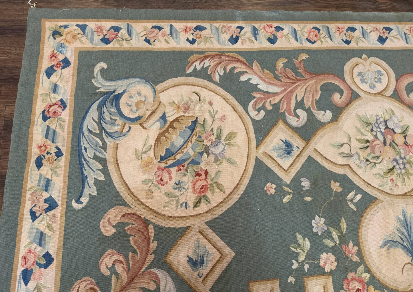 Aubusson Rug 9x12, Muted Sage Green and Cream, European Design