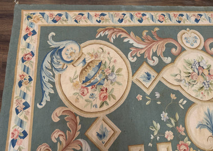 Aubusson Rug 9x12, Muted Sage Green and Cream, European Design