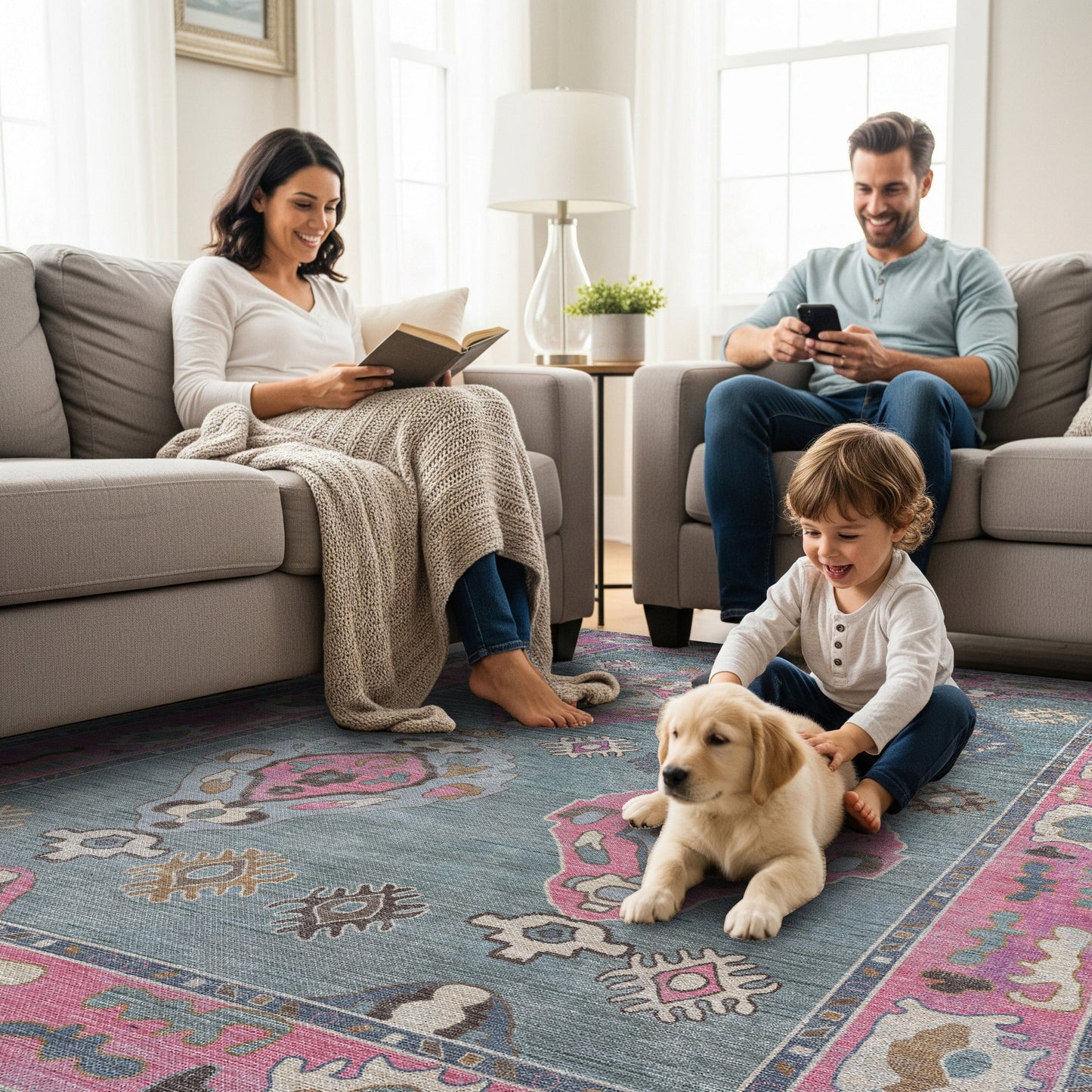 Green Pink Oushak Washable Rug