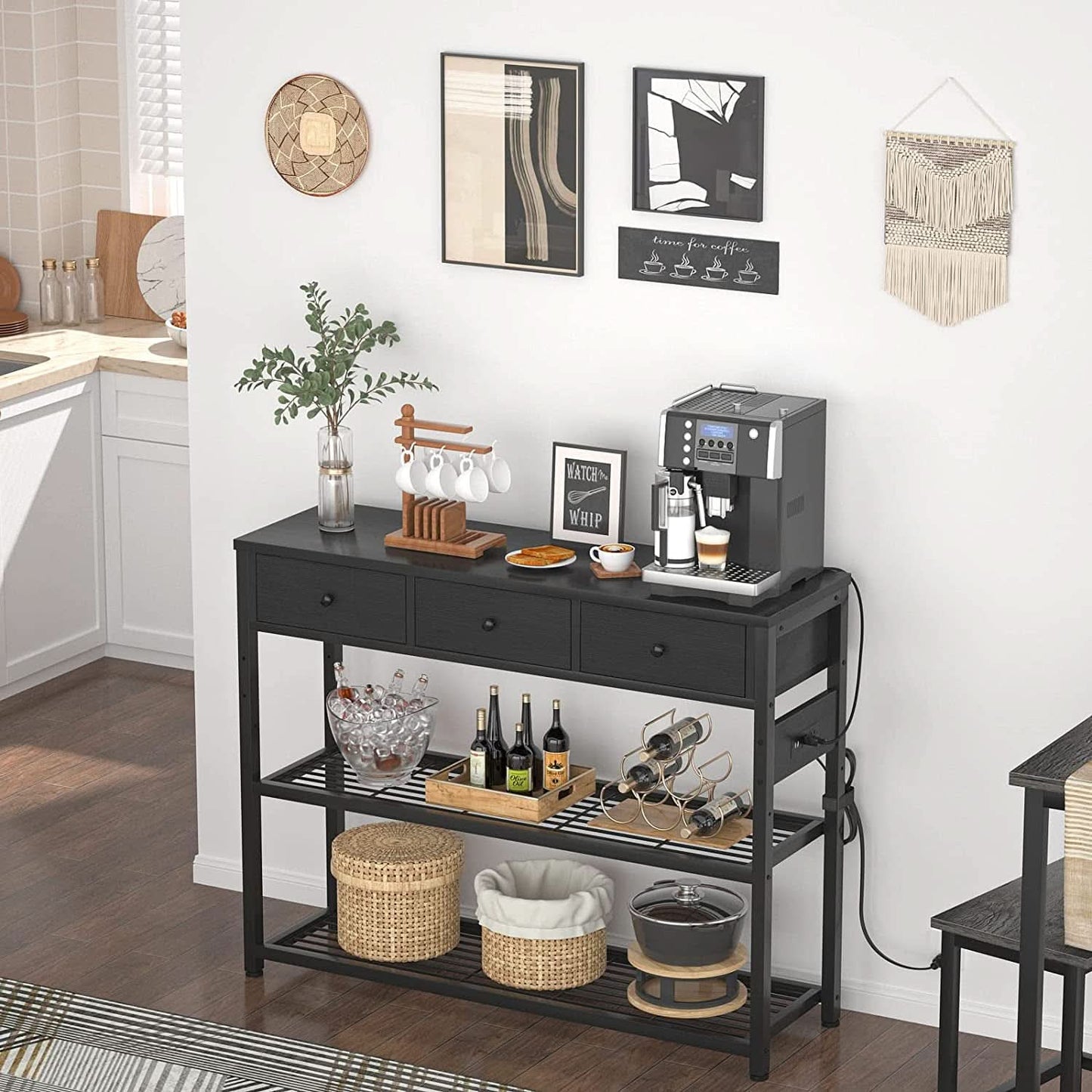Black Console Table With USB Ports And Outlets For Living Room