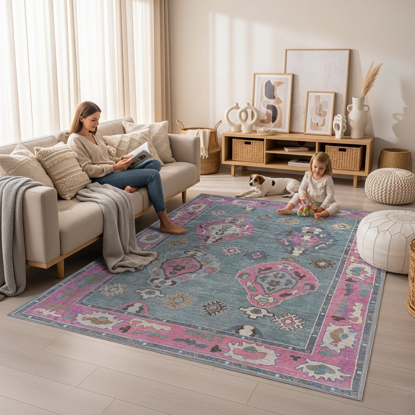 Green Pink Oushak Washable Rug