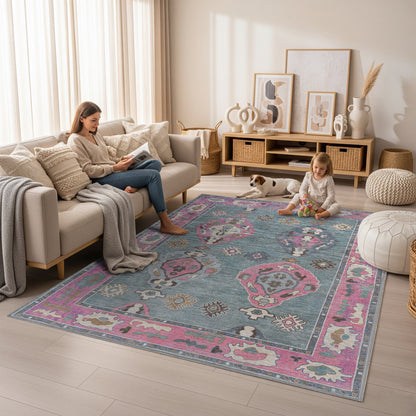 Green Pink Oushak Washable Rug