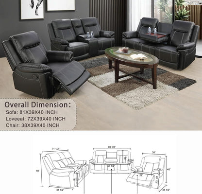 Manual Recliner Sofa Set Black Bonded Leather Cup Holders
