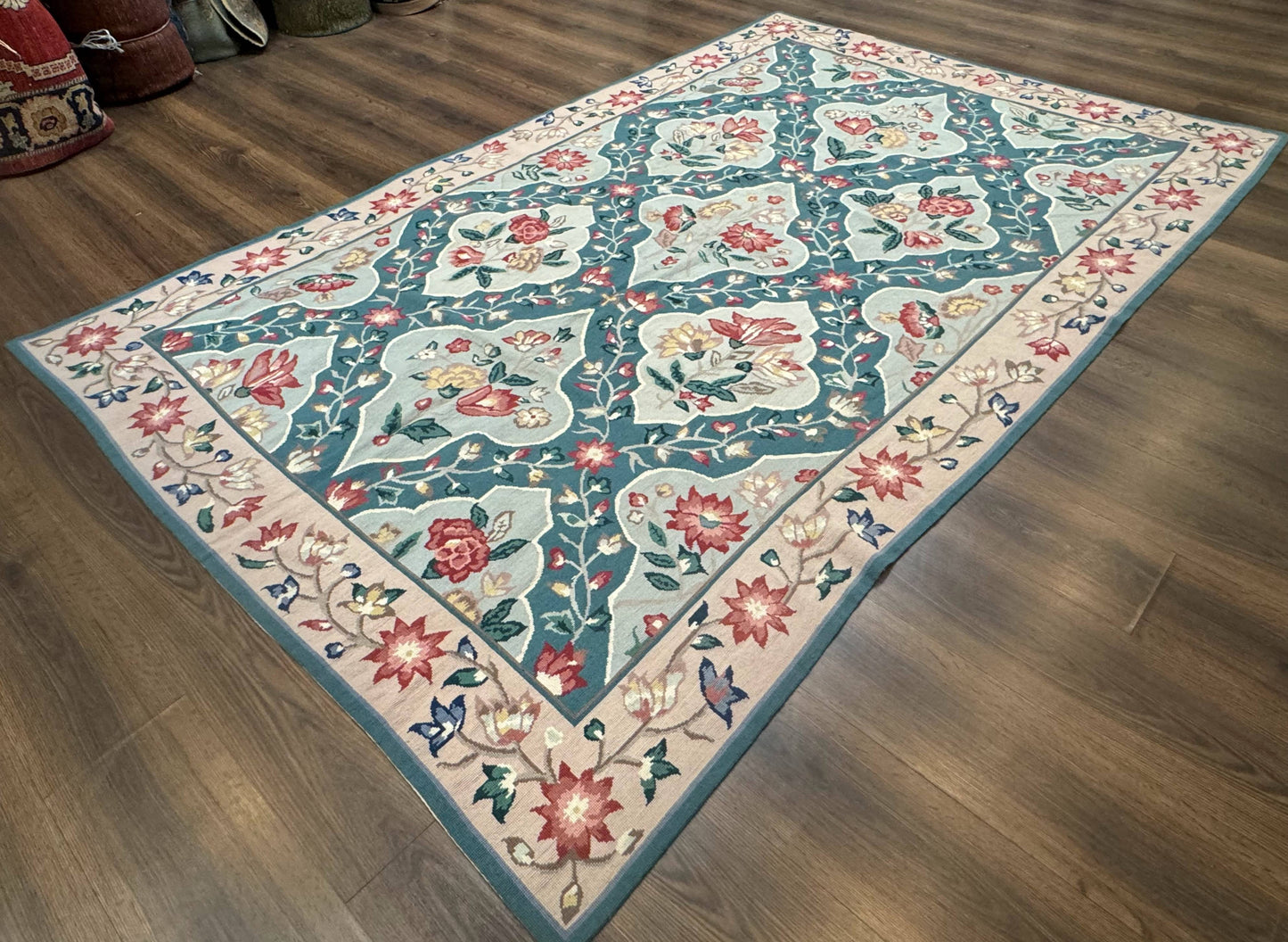 Teal Needlepoint Rug 6x9, Panel Design, Floral Bouquets, Handmade