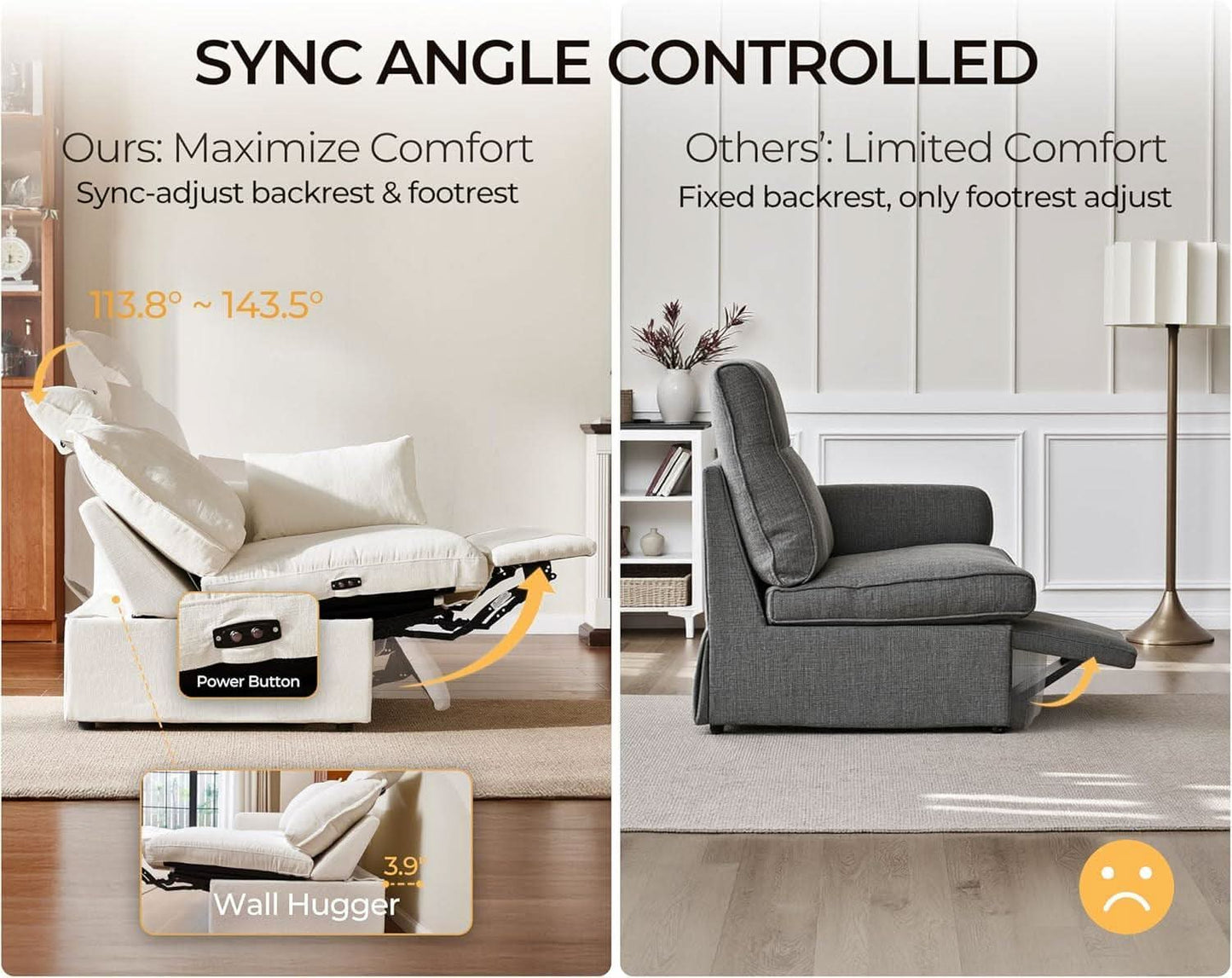 102.8 Inch White Chenille Power Recliner Sofa With Headrest Storage USB Table Wall Hugger