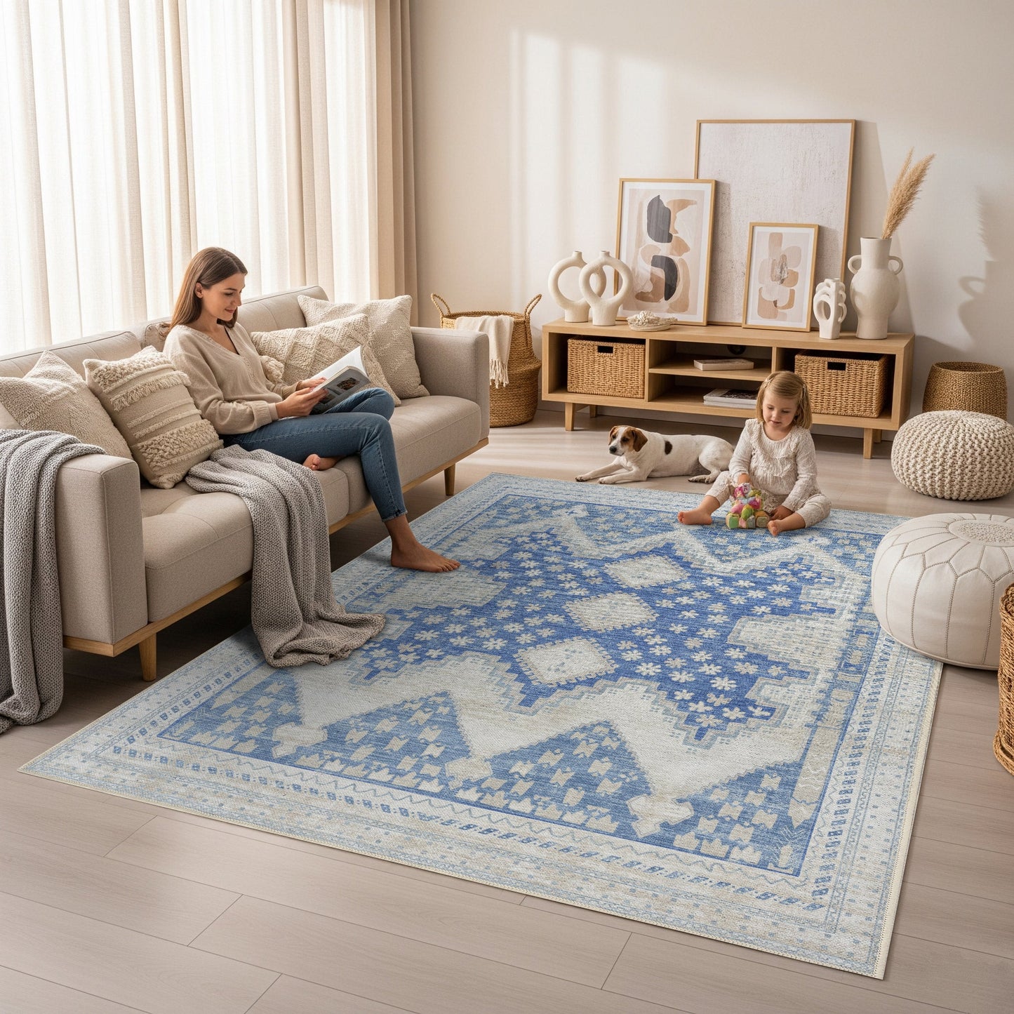 Beige Blue Boho Oushak Washable Rug