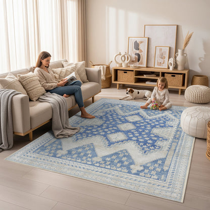Beige Blue Boho Oushak Washable Rug