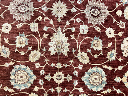 Peshawar Rug 9x11, Pakistani Oriental Carpet, Maroon and Beige, Floral Allover, Wool Hand Knotted Handmade Vintage Rug