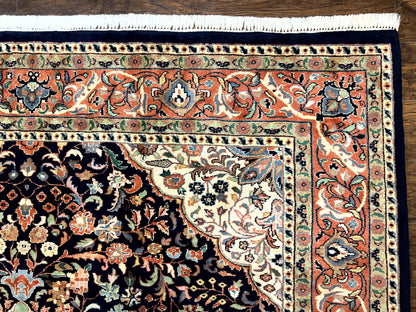 Indo Persian Rug 8x10, Midnight Blue & Red, Handmade Vintage Wool Carpet, Floral Medallion