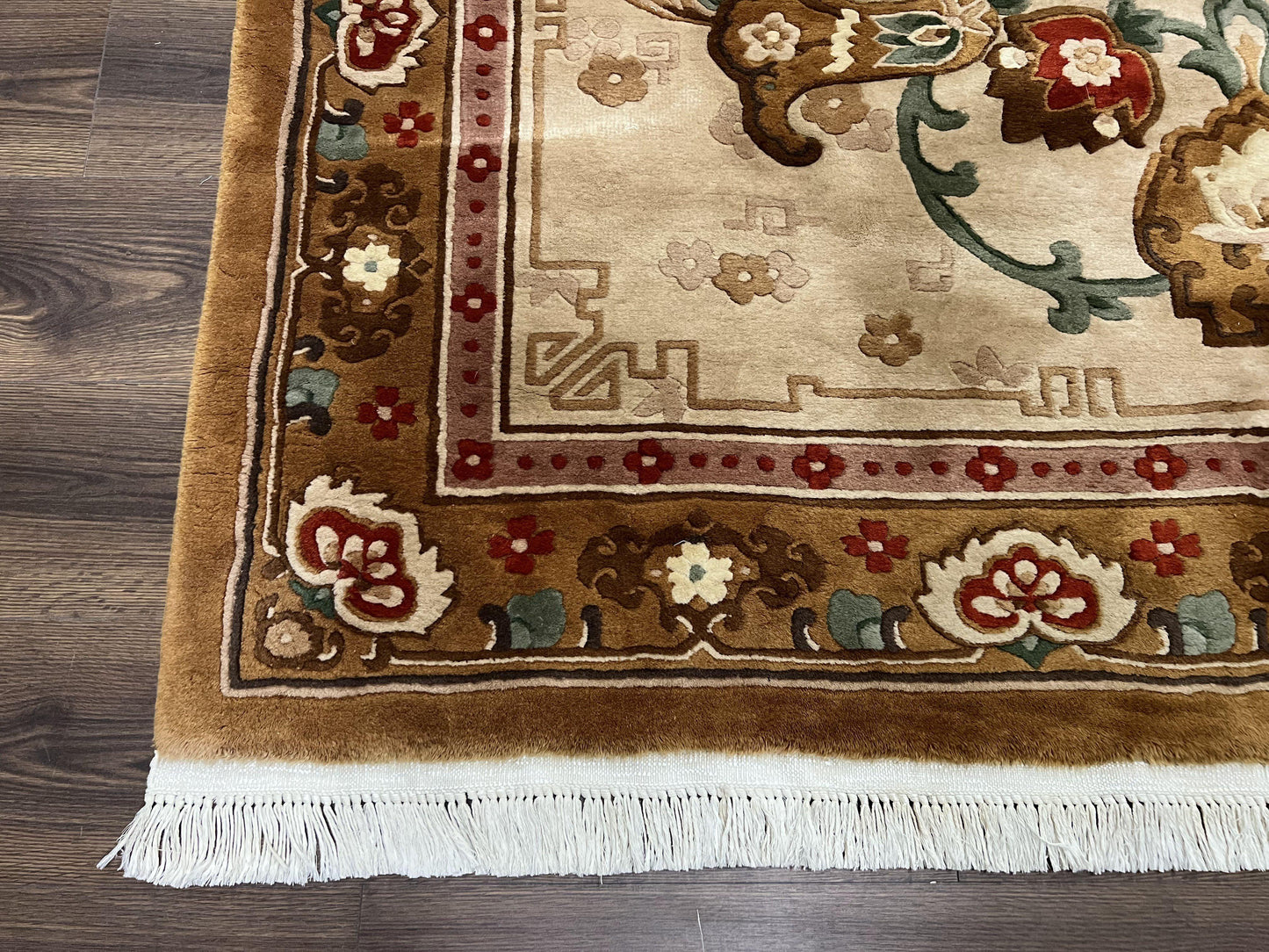 Chinese Wool Rug 5.9 x 9, Tan and Brown Asian Art Deco Carpet, Vintage 1960s Oriental Rug, Hand-Knotted Rug, Soft Wool, Medallion, Pair B