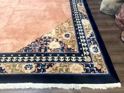Chinese Wool Rug 11x18, Palace Sized Chinese Carpet, Peking Rug, Peach and Blue, Open Field, Simple Design, Art Deco Rug, Large Handmade Rug