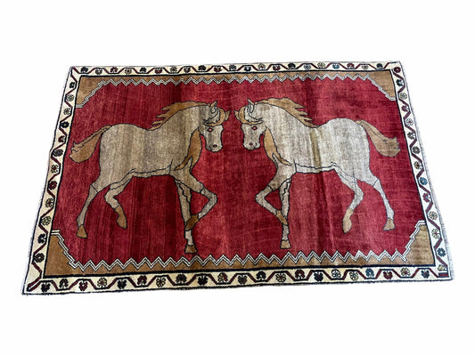 4 X 6 Handmade Hand-Knotted New Vintage Rug Wool Horses Red Organic Dyes Tribal