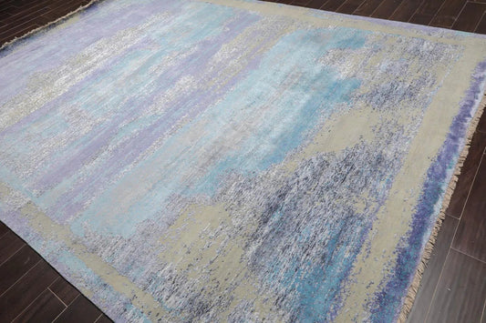 9' x12' Hand Knotted Sherpa Wool & Silk Modern Oriental Area Rug Blue