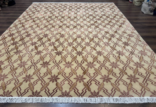 Tibetan Rug 8x10, Wool with Silk Highlights, Beige and Maroon, Contemporary Carpet