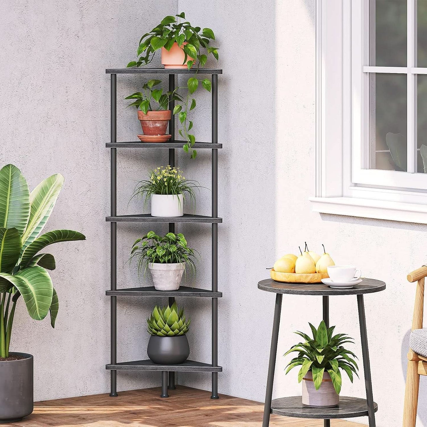 Industrial 5 Tier Corner Shelf Stand Black Metal Frame
