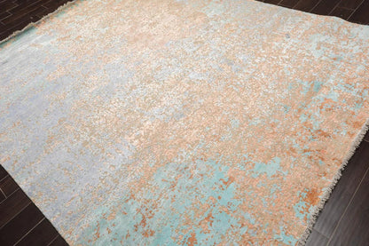 8x10 Aqua, Tan Hand Knotted Sherpa Wool & Silk Modern & Contemporary Oriental Area Rug