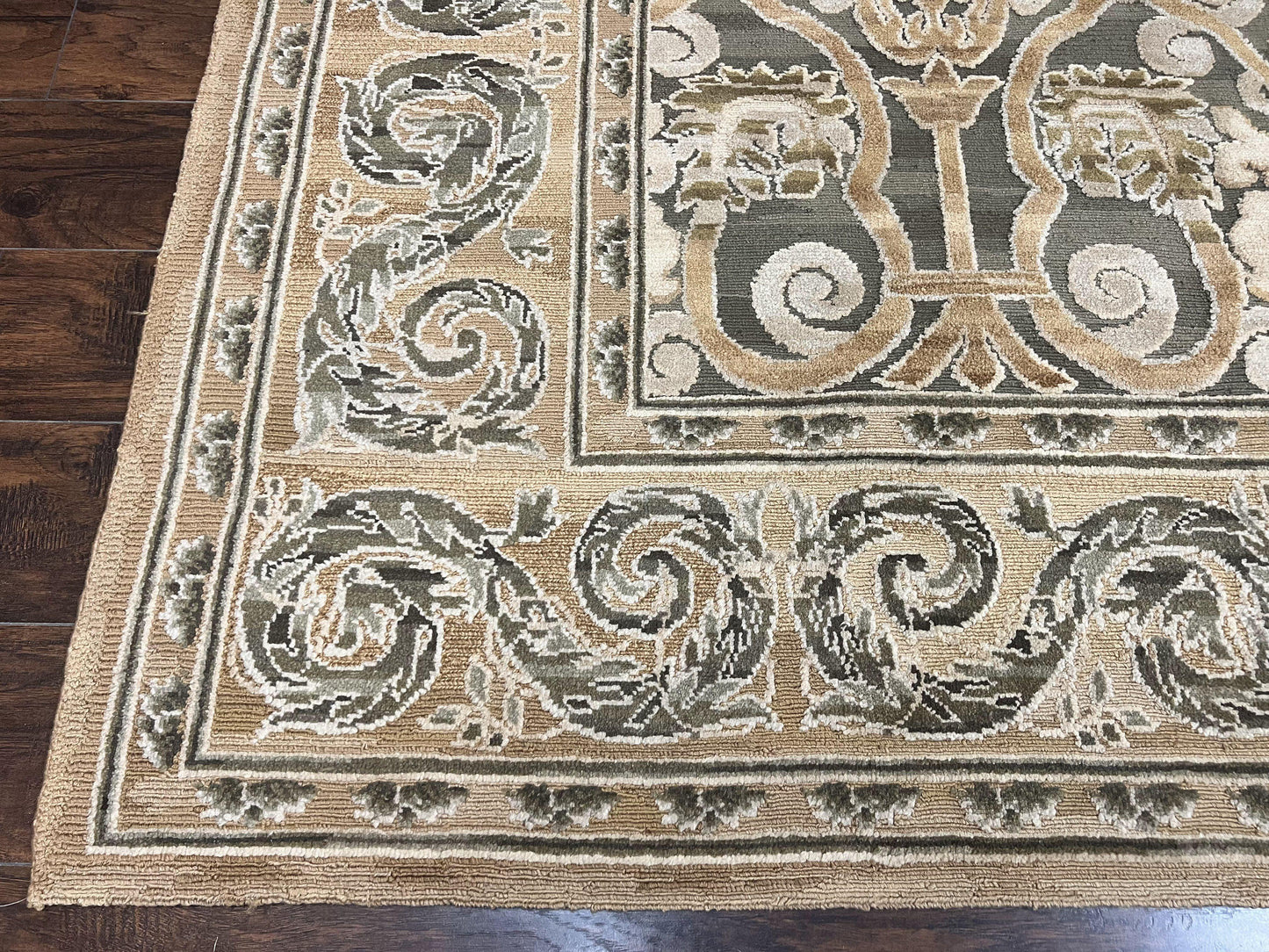 Spanish Rug 11x14, Wool Hand Knotted Vintage Carpet, Olive Green and Beige, Floral Allover, European Design, 11 x 14 Rug