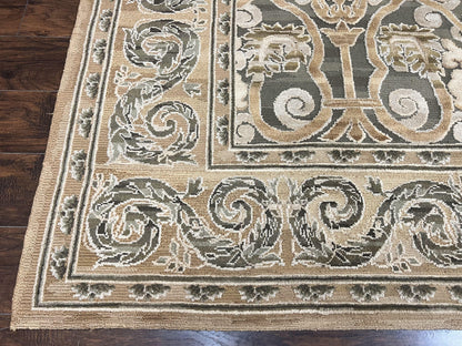 Spanish Rug 11x14, Wool Hand Knotted Vintage Carpet, Olive Green and Beige, Floral Allover, European Design, 11 x 14 Rug