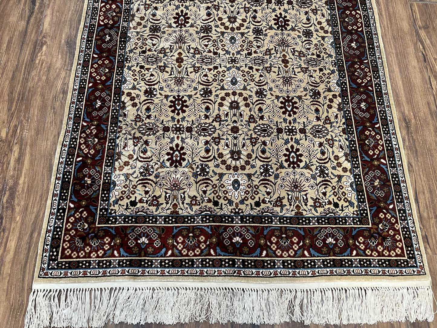 Fine Sino-Persian Silk Rug 3x5, High Quality Silk Carpet, Handmade Small Silk Rug, Allover Repeated Motif, Tan Maroon Blue Vintage Silk Rug