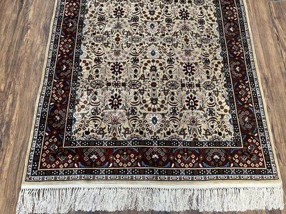 Fine Sino-Persian Silk Rug 3x5, High Quality Silk Carpet, Handmade Small Silk Rug, Allover Repeated Motif, Tan Maroon Blue Vintage Silk Rug