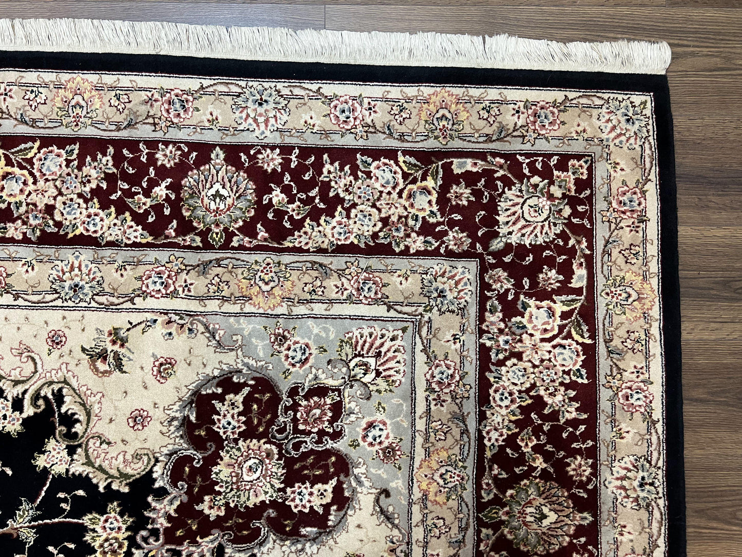 Pak Persian Rug 8.8 x 10.6, Floral Medallion, Wool and Silk Hand Knotted Fine Oriental Carpet, Elegant Rug, Black Gray Burgundy, Room Sized