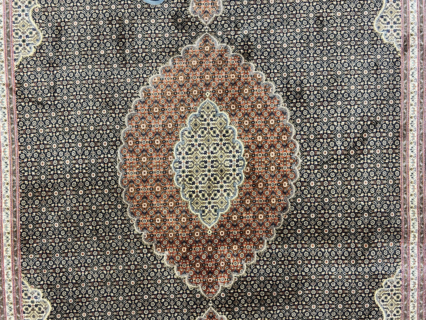 Persian Tabriz Rug 7x10, Very Fine 330 KPSI 50 Raj, Black and Beige, Handmade Wool Vintage Persian Carpet