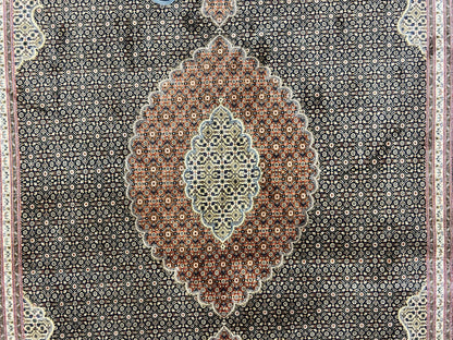 Persian Tabriz Rug 7x10, Very Fine 330 KPSI 50 Raj, Black and Beige, Handmade Wool Vintage Persian Carpet